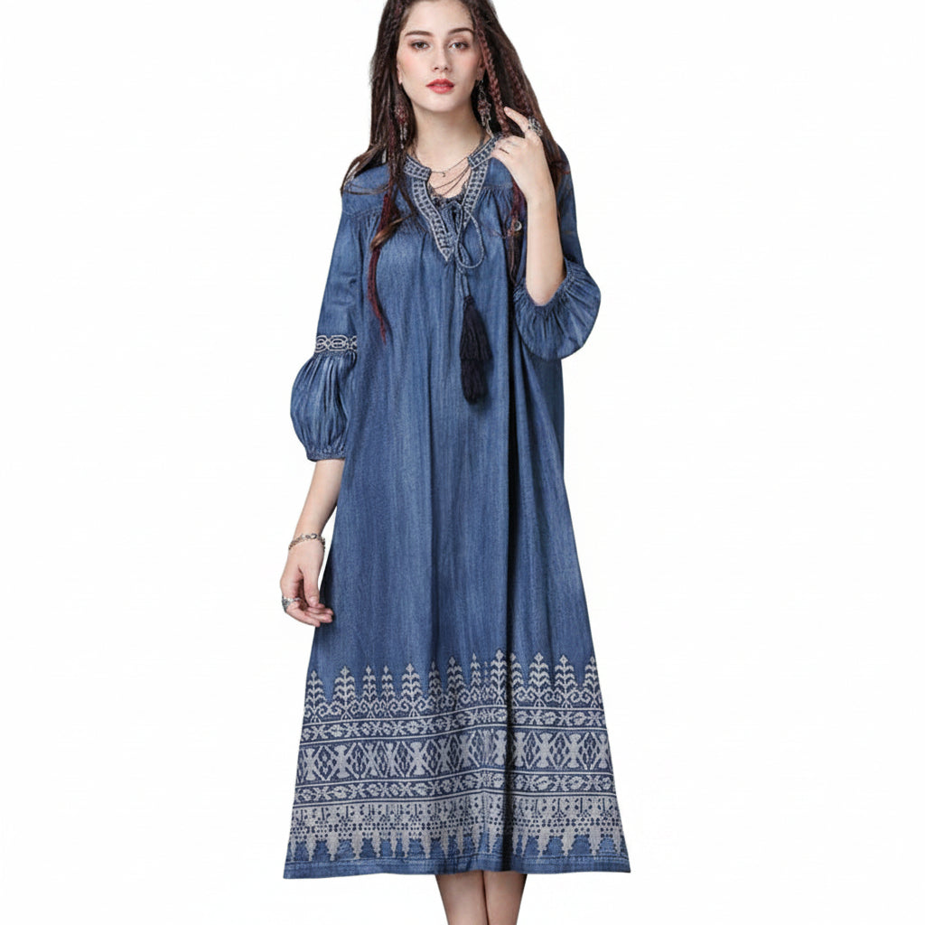 Women’s Vintage Embroidered Denim Dress Loose Fit