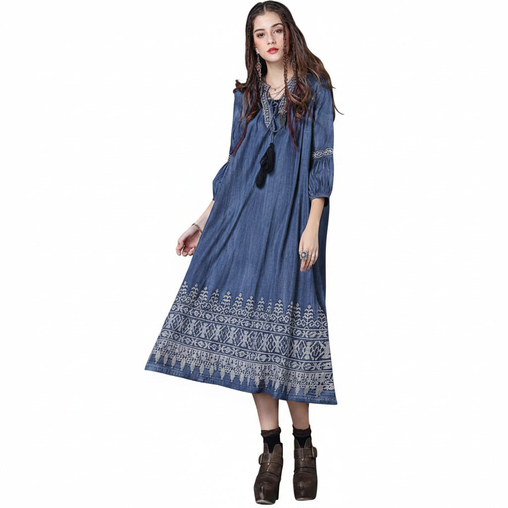 Women’s Vintage Embroidered Denim Dress Loose Fit