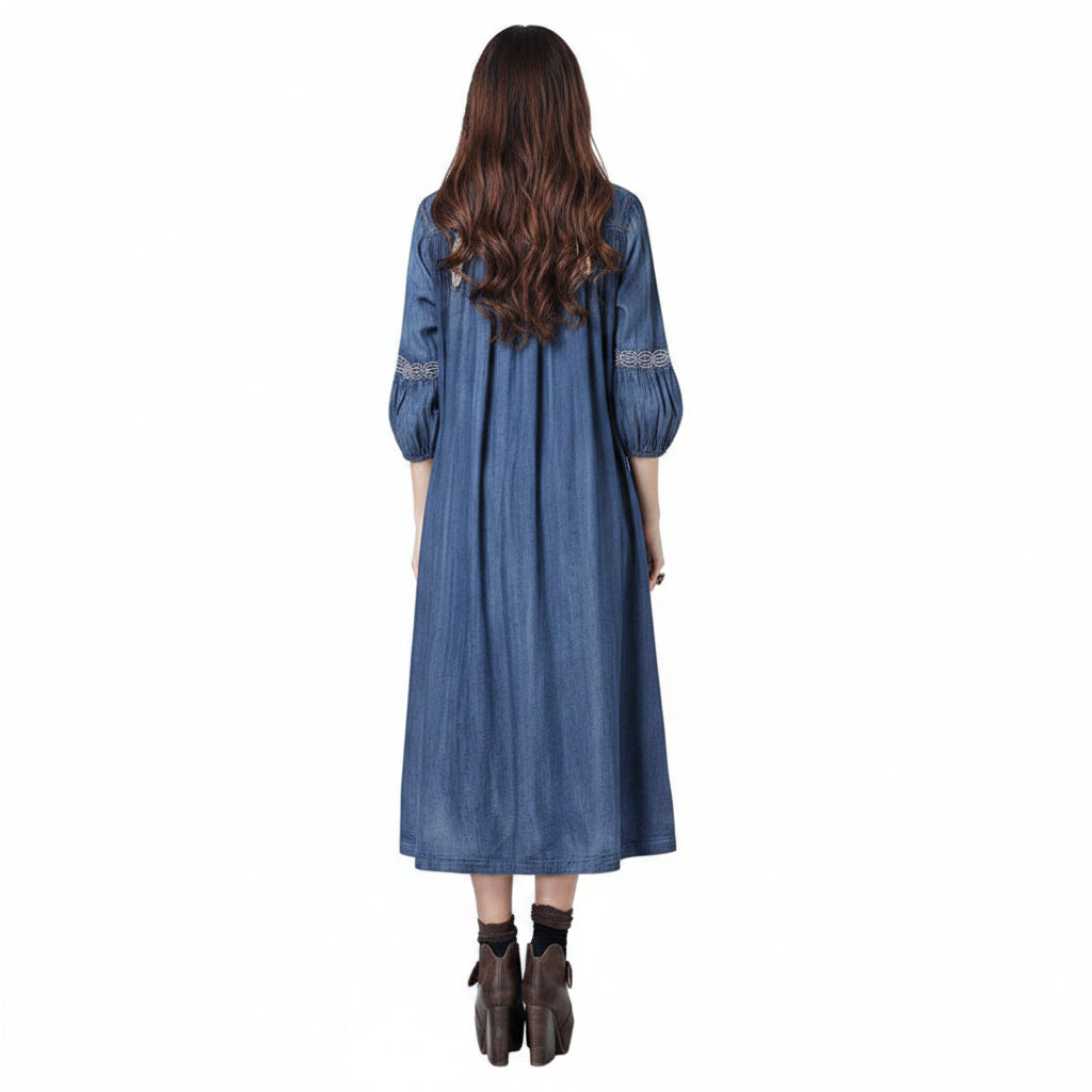 Women’s Vintage Embroidered Denim Dress Loose Fit