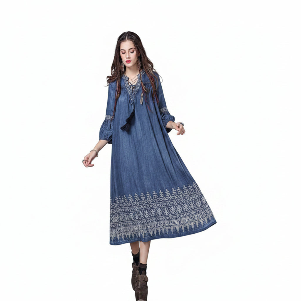 Women’s Vintage Embroidered Denim Dress Loose Fit