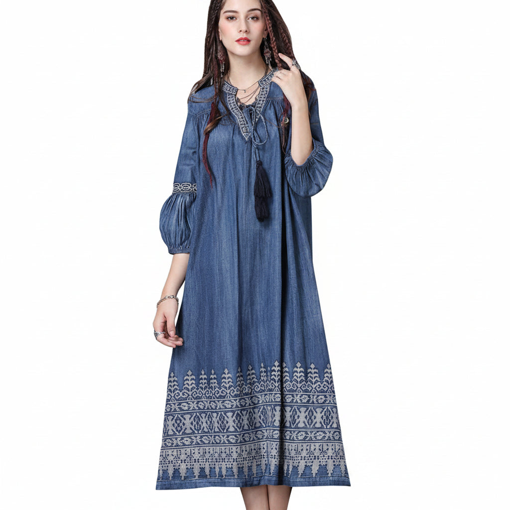Women’s Vintage Embroidered Denim Dress Loose Fit