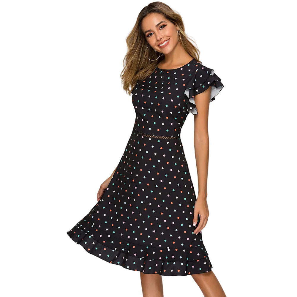 Women’s Vintage Polka Dot Ruffle Midi Dress