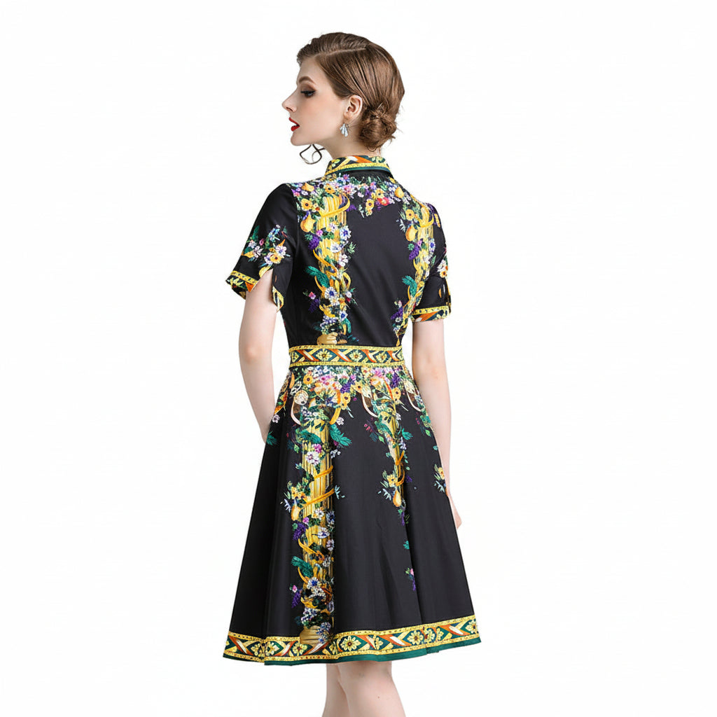 Women’s Vintage Print A-Line Dress Elegant Office Style