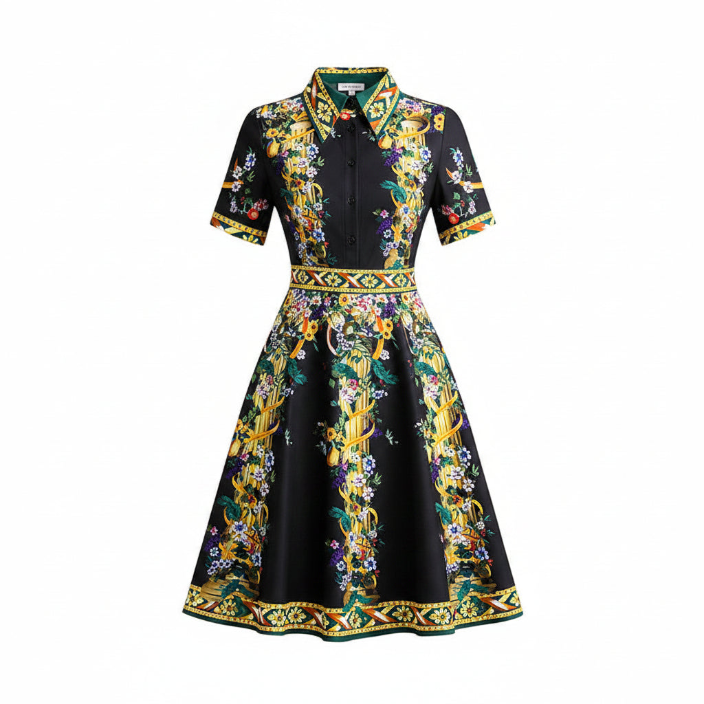 Women’s Vintage Print A-Line Dress Elegant Office Style