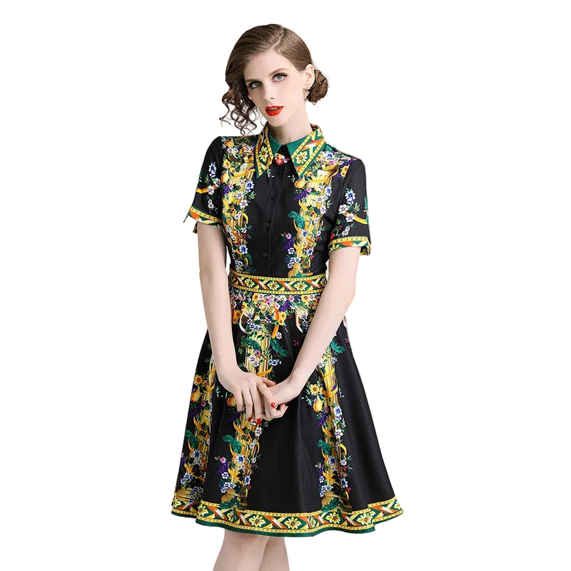 Women’s Vintage Print A-Line Dress Elegant Office Style