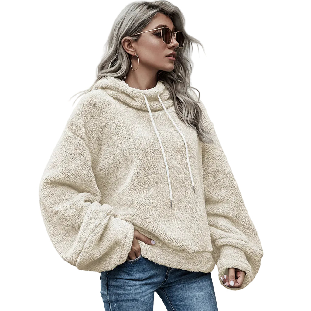 Women’s Hooded Sweater Solid Color Plush Loose Fit Polyester