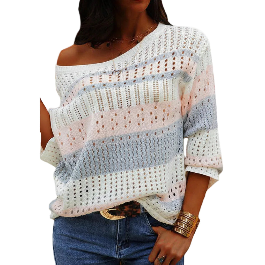 Women’s Loose Sweater Stripe Knit Long Sleeve Round Neck Casual Style