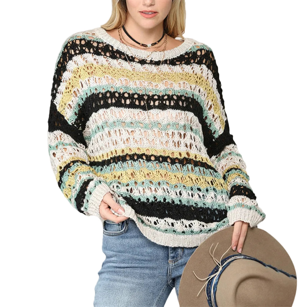 Women’s Hollow Knit Sweater Stripe Stitching Round Neck Loose Fit