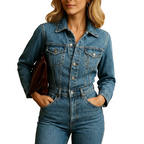 Women’s Blue Long-Sleeve Denim Jumpsuit – Straight-Leg Casual One-Piece