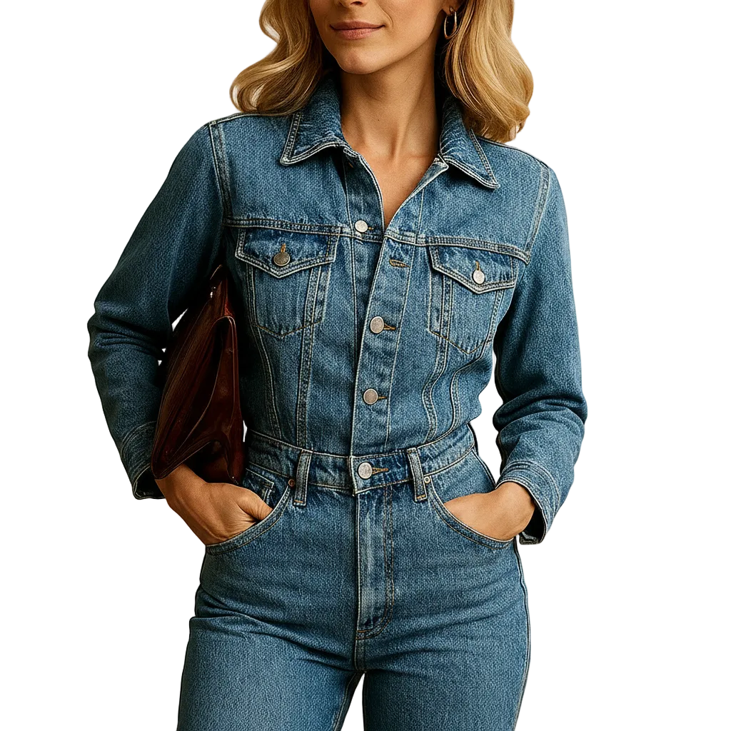 Women’s Blue Long-Sleeve Denim Jumpsuit – Straight-Leg Casual One-Piece
