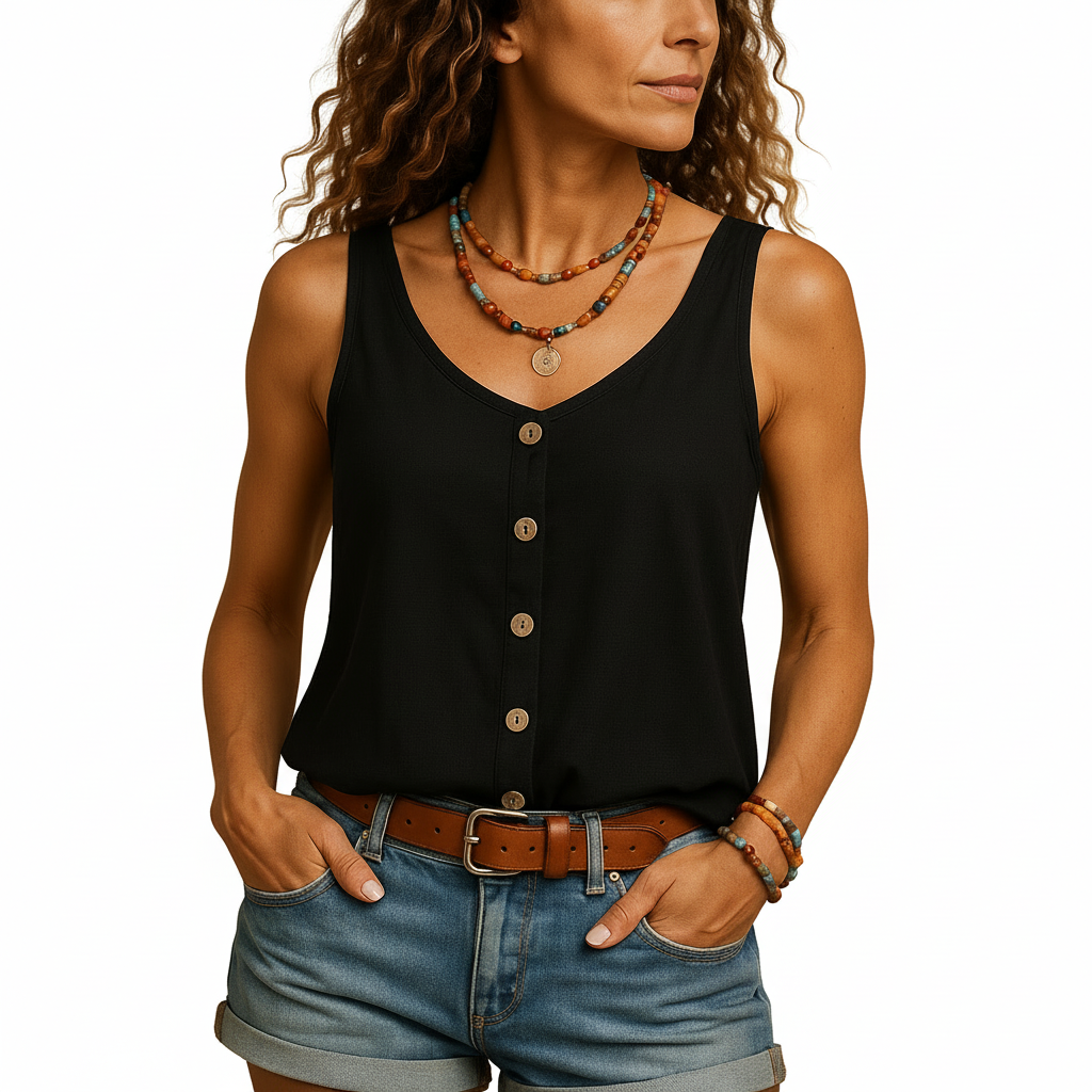 Women’s Sleeveless V-Neck Summer Top with Pockets – Loose Fit Casual Blouse