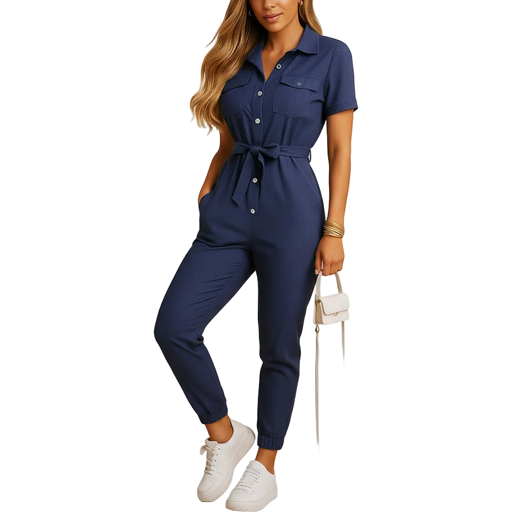 Women’s Structured Button-Front Jumpsuit – Tailored Elegant One-Piece Outfit