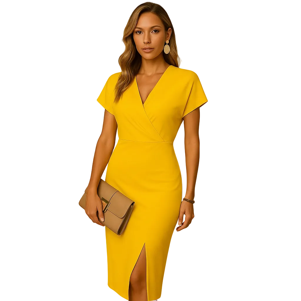 Women’s V-Neck Midi Dress with Front Slit – Flowing Elegant Casual & Party Dress