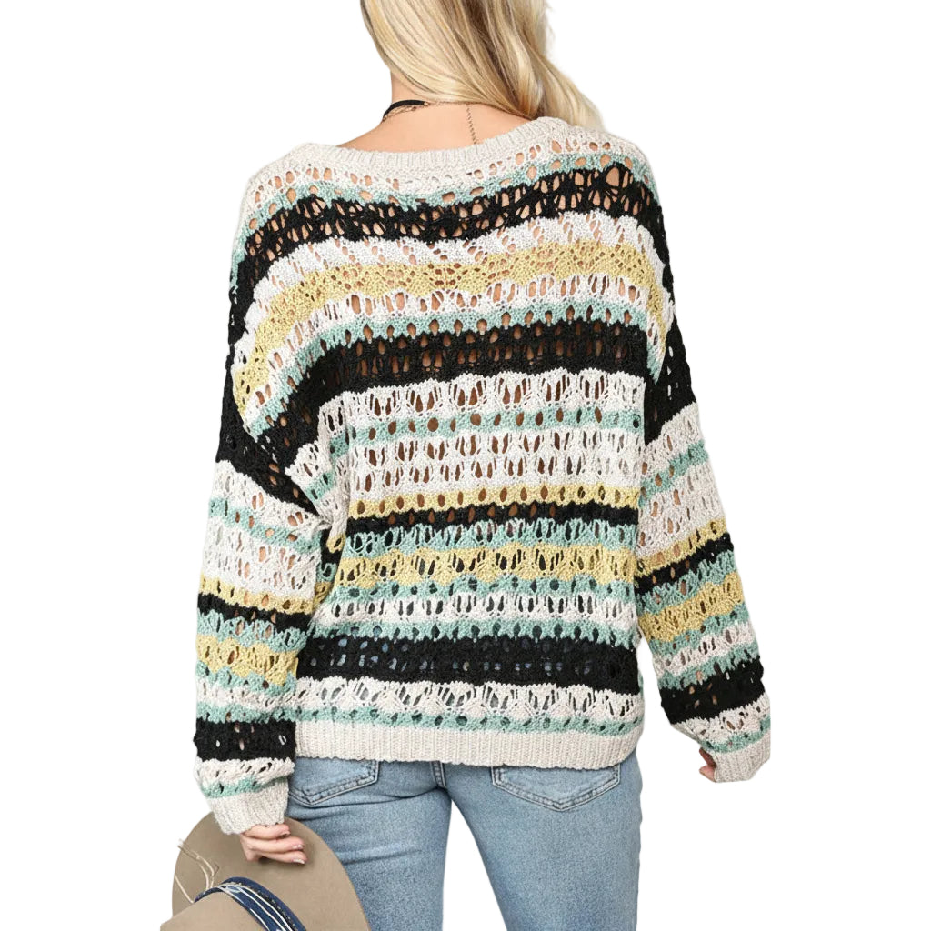 Women’s Hollow Knit Sweater Stripe Stitching Round Neck Loose Fit