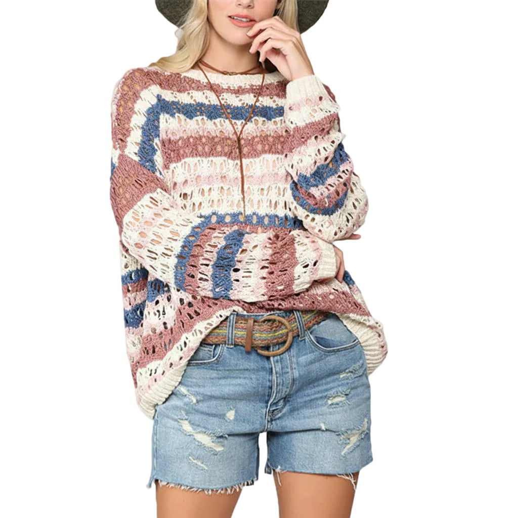 Women’s Hollow Knit Sweater Stripe Stitching Round Neck Loose Fit