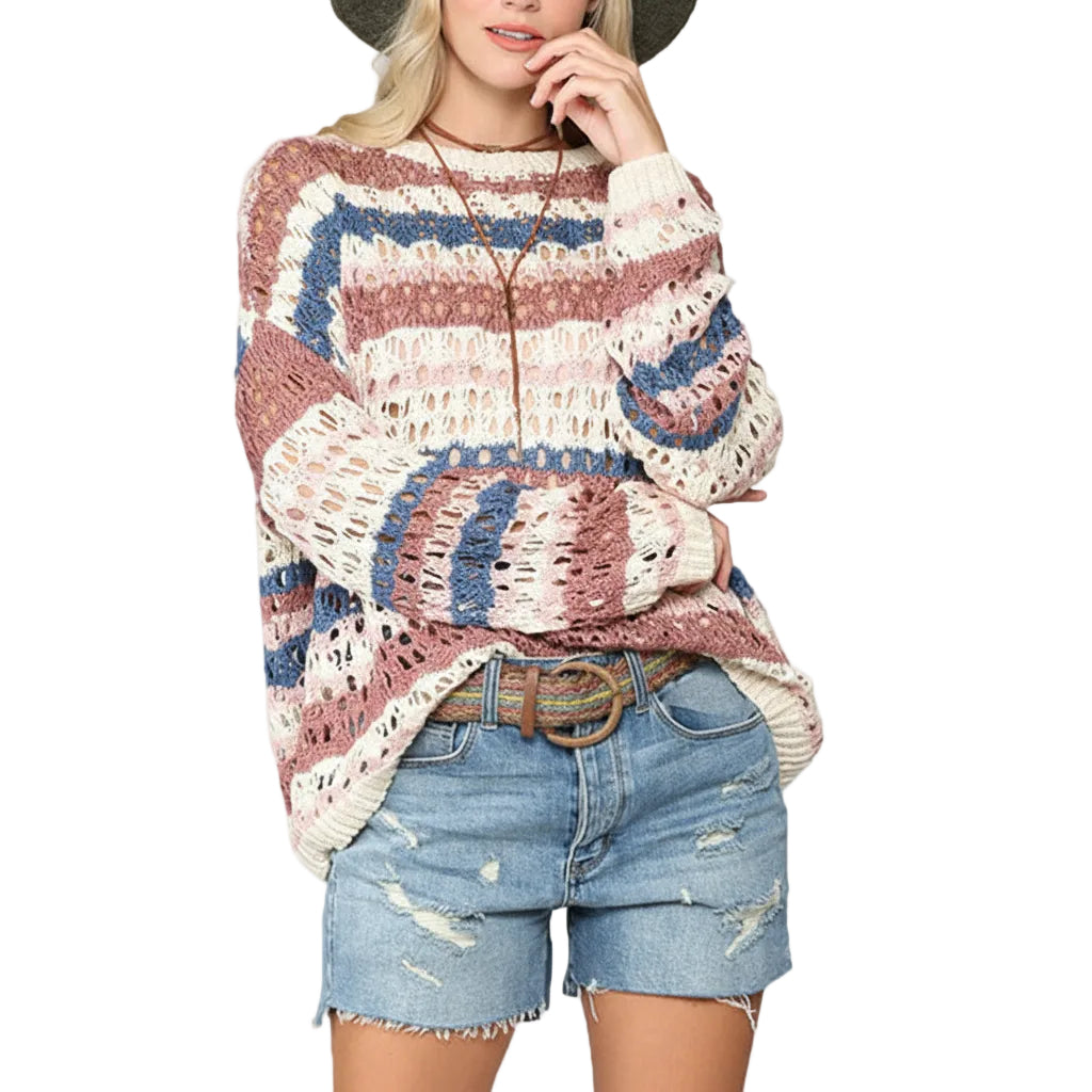 Women’s Hollow Knit Sweater Stripe Stitching Round Neck Loose Fit