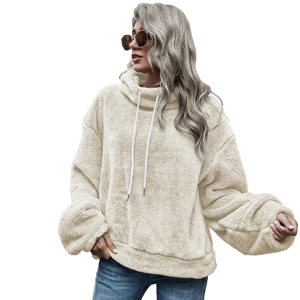 Women’s Hooded Sweater Solid Color Plush Loose Fit Polyester