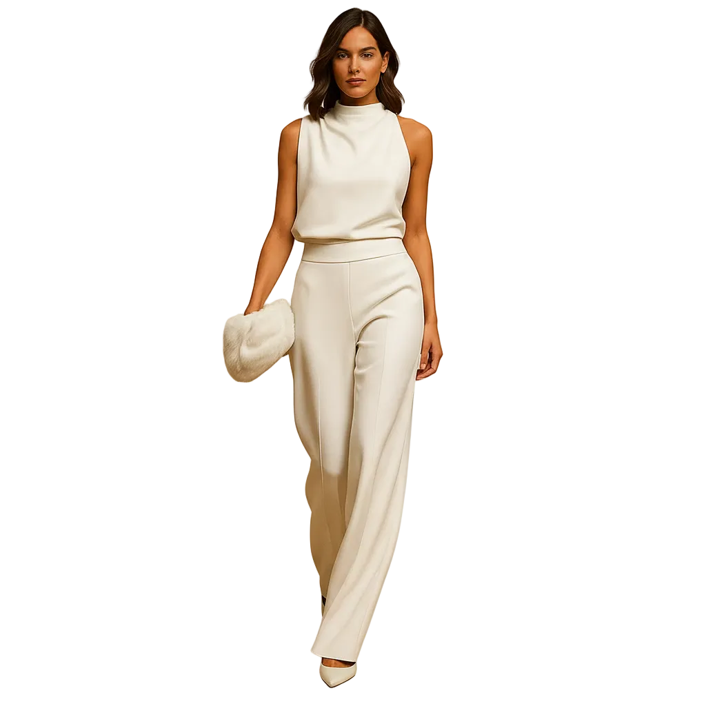 Women’s Halter-Neck Wide-Leg Jumpsuit with High Waist and Decorative Bow