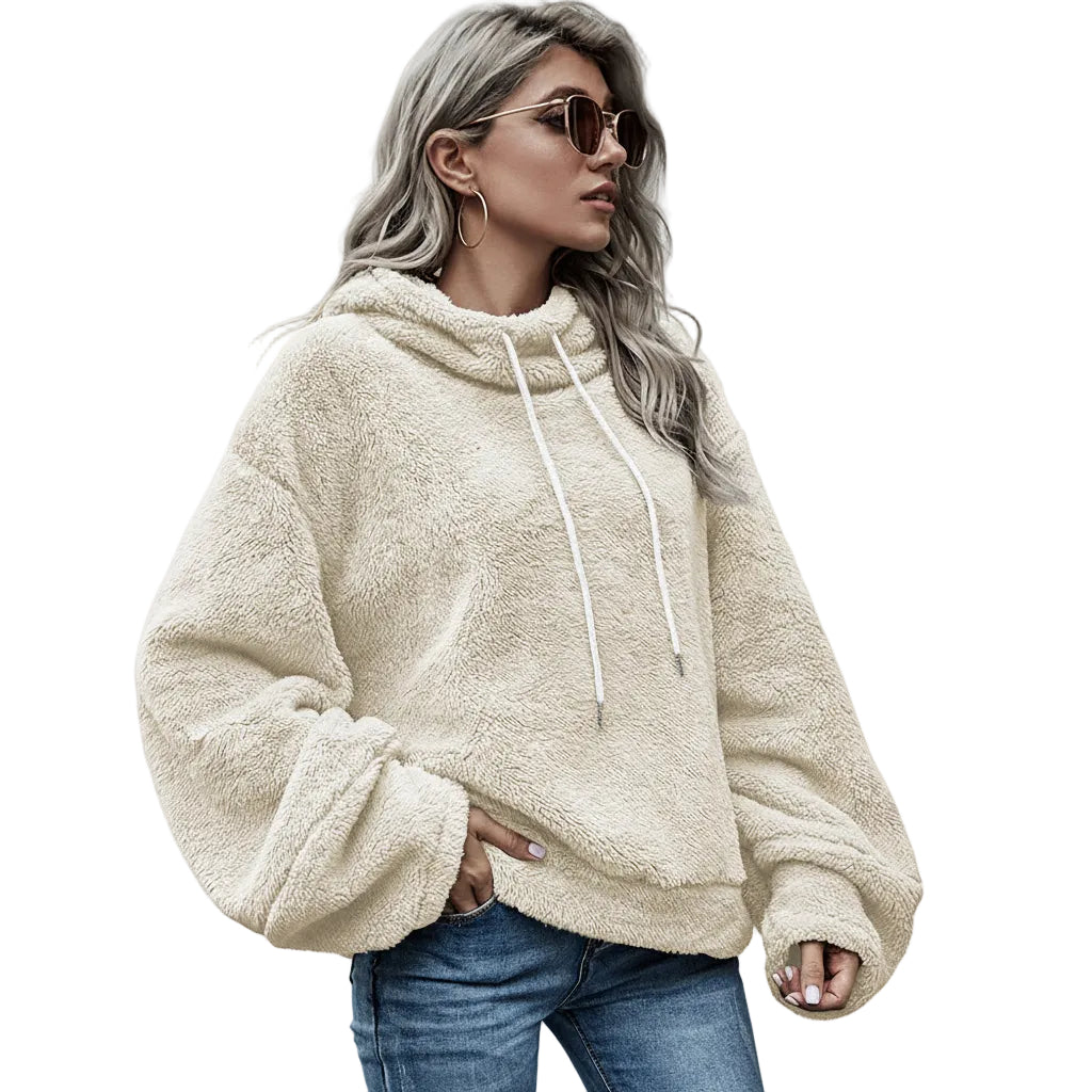 Women’s Hooded Sweater Solid Color Plush Loose Fit Polyester