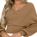 Women’s Loose Sweater Solid Color Pullover Lantern Sleeve Polyester