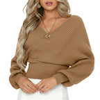 Women’s Loose Sweater Solid Color Pullover Lantern Sleeve Polyester