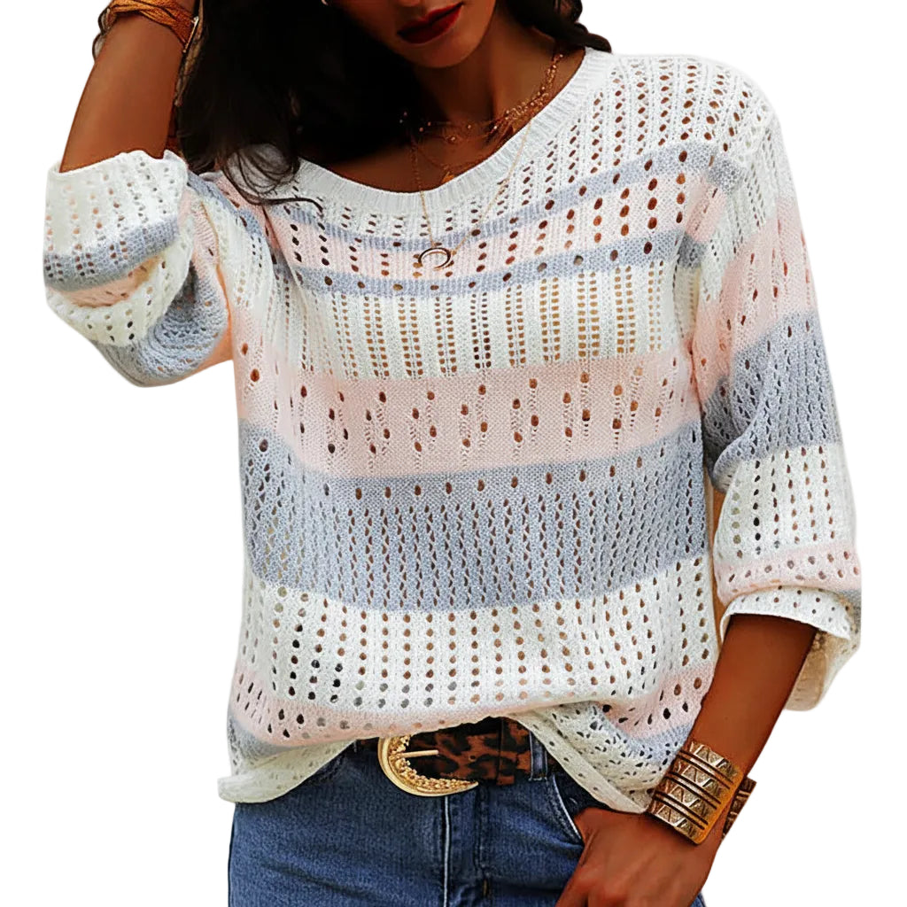 Women’s Loose Sweater Stripe Knit Long Sleeve Round Neck Casual Style