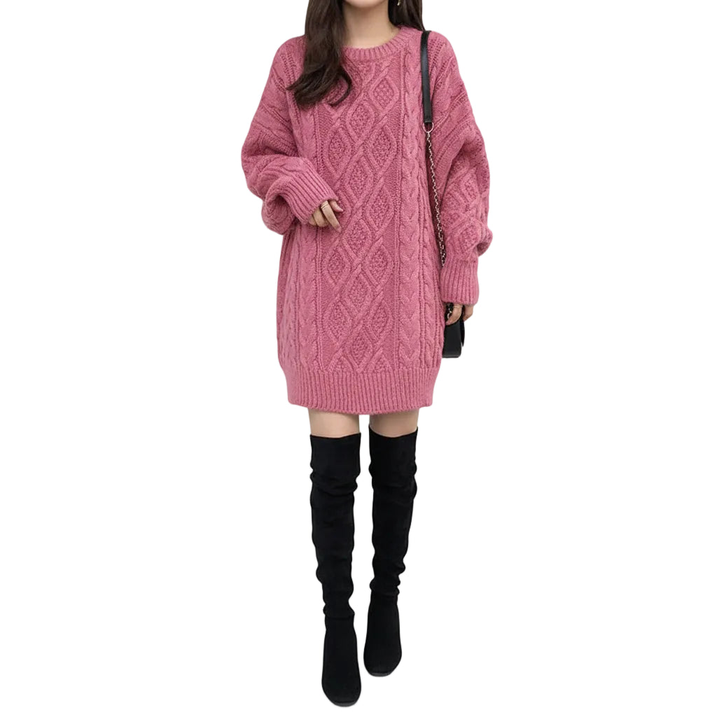 Women’s Loose Twist Sweater Mid Length Knit Pullover Long Sleeve