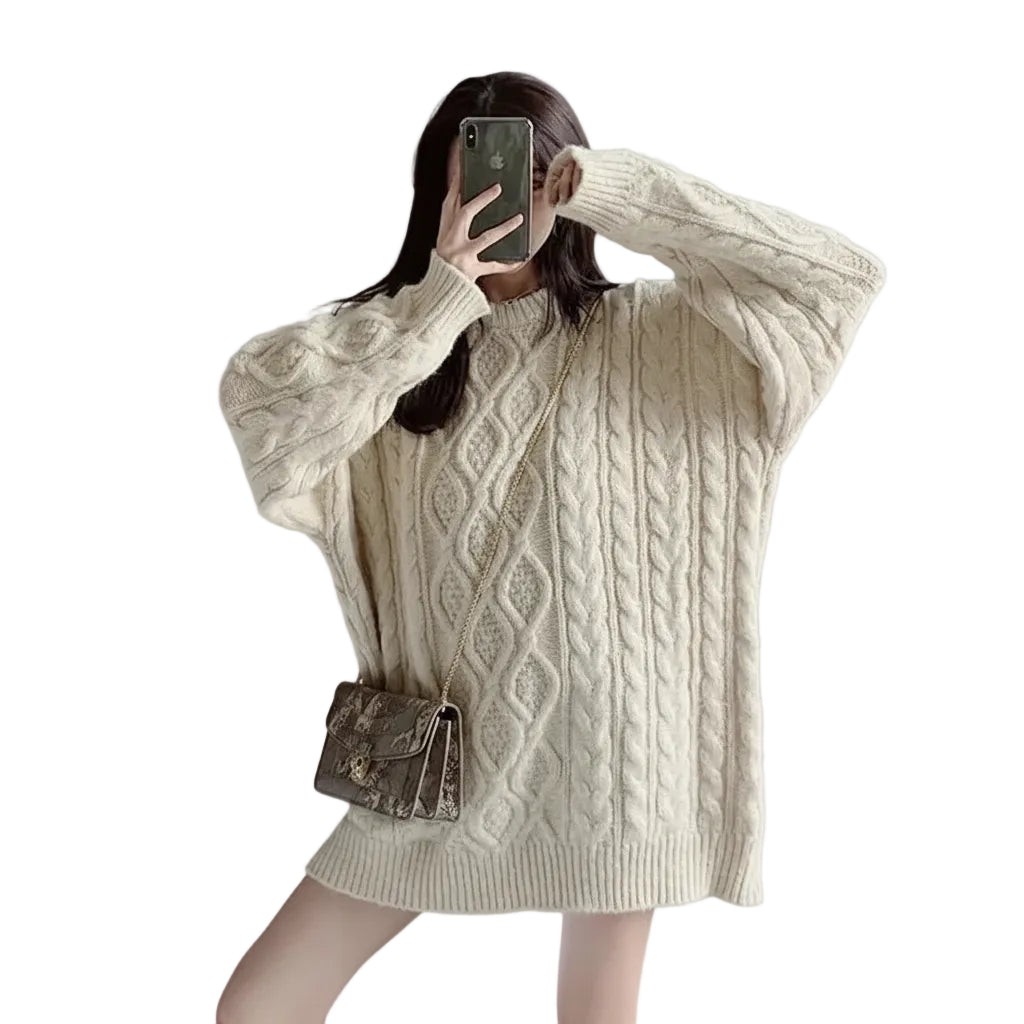 Women’s Loose Twist Sweater Mid Length Knit Pullover Long Sleeve