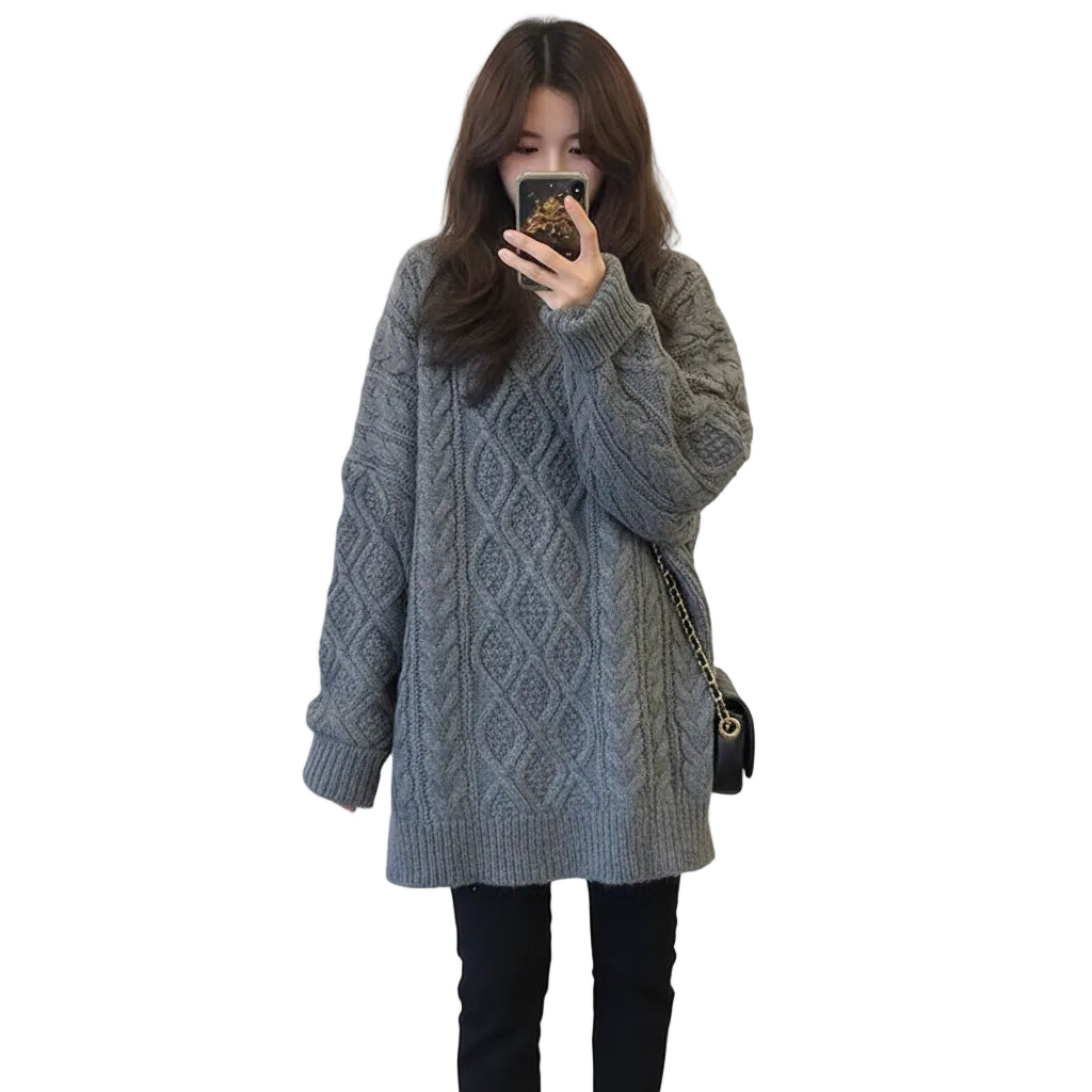 Women’s Loose Twist Sweater Mid Length Knit Pullover Long Sleeve