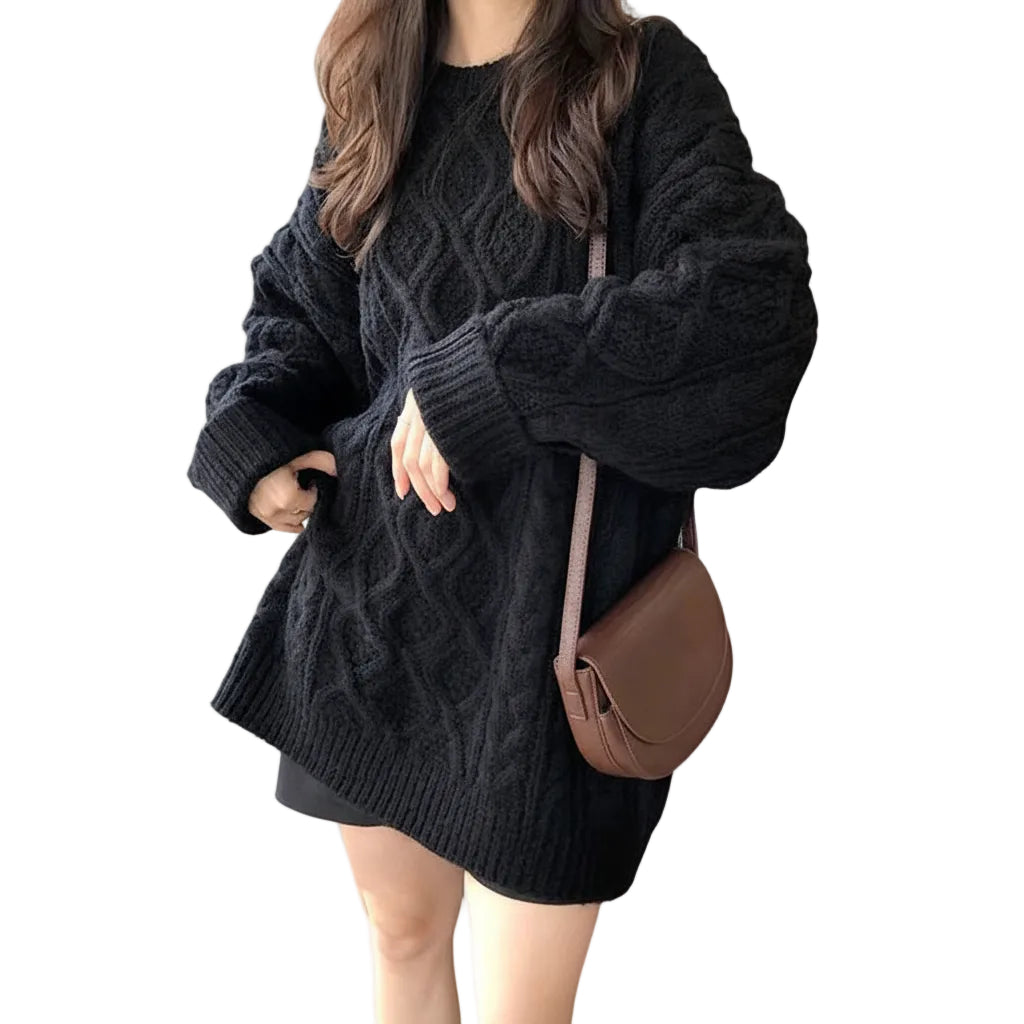 Women’s Loose Twist Sweater Mid Length Knit Pullover Long Sleeve
