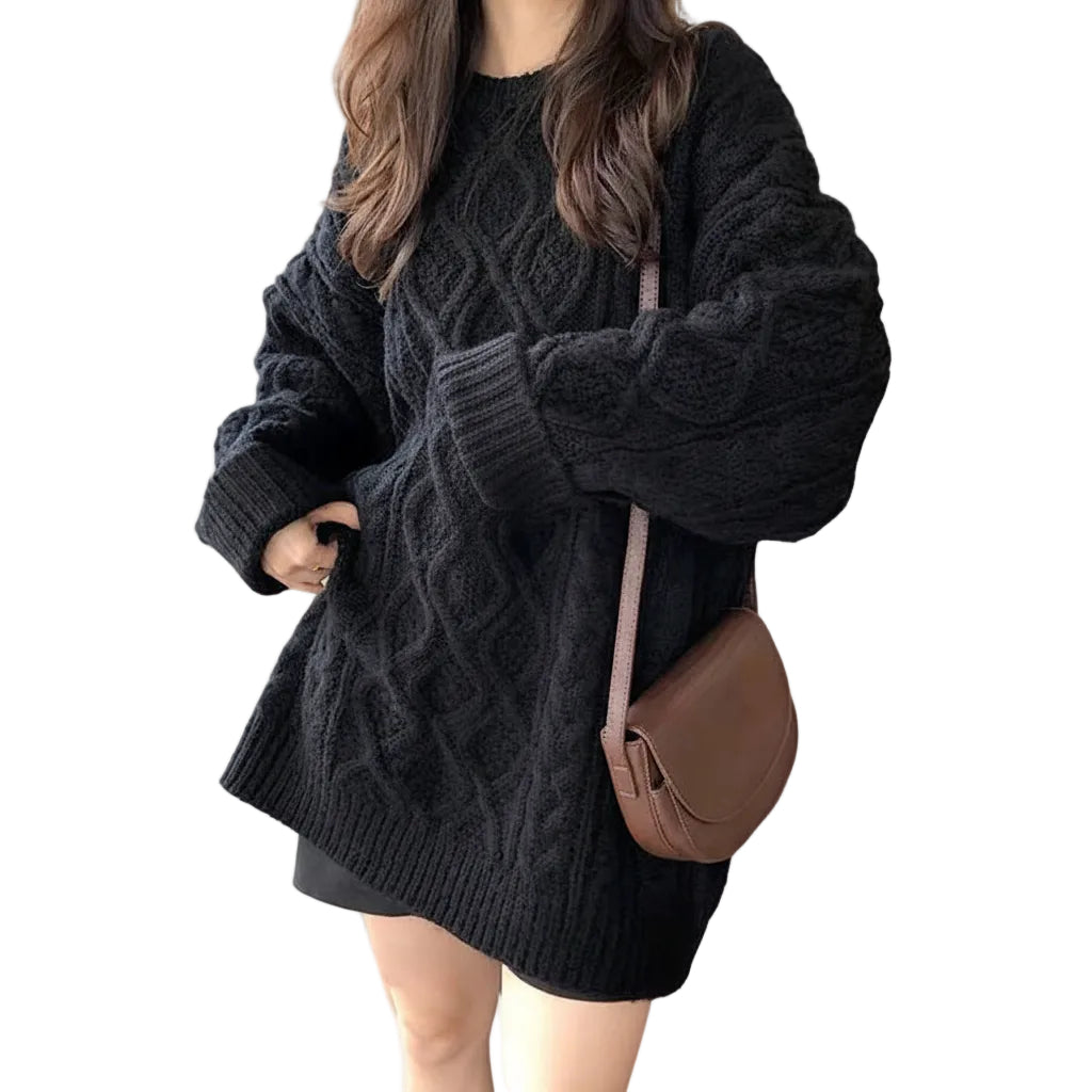 Women’s Loose Twist Sweater Mid Length Knit Pullover Long Sleeve