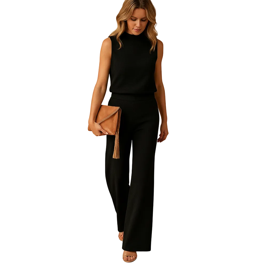 Women’s Minimalist Wide-Leg Jumpsuit – Mid-Waist Round Neck Elegant Outfit