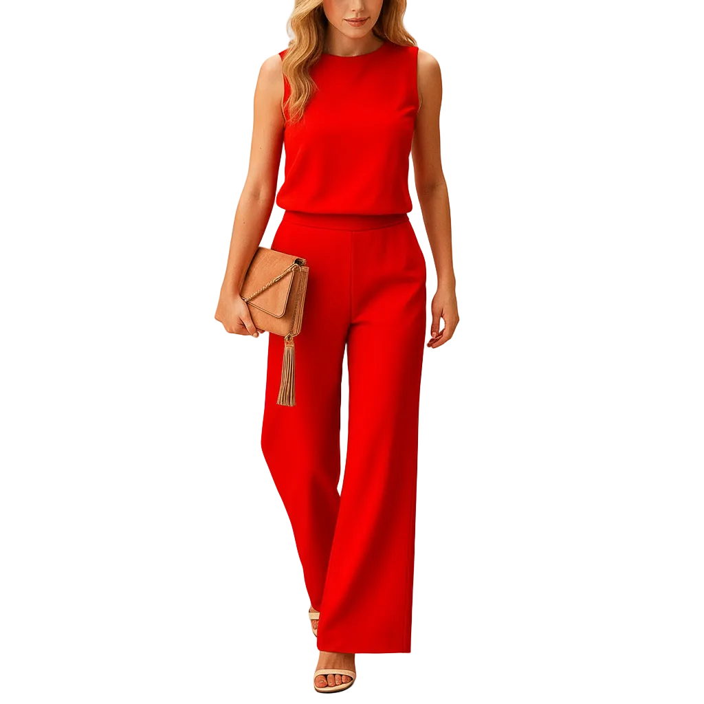 Women’s Minimalist Wide-Leg Jumpsuit – Mid-Waist Round Neck Elegant Outfit