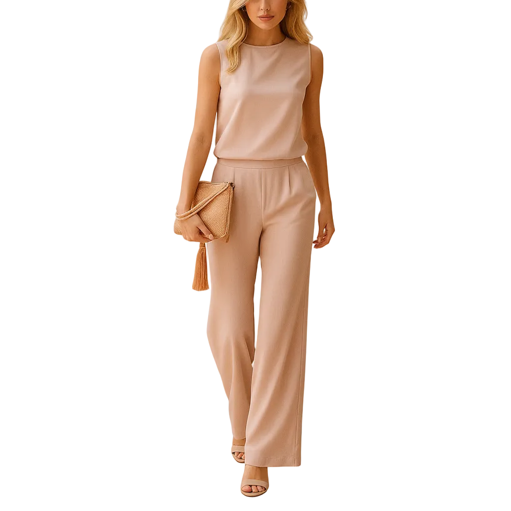 Women’s Minimalist Wide-Leg Jumpsuit – Mid-Waist Round Neck Elegant Outfit