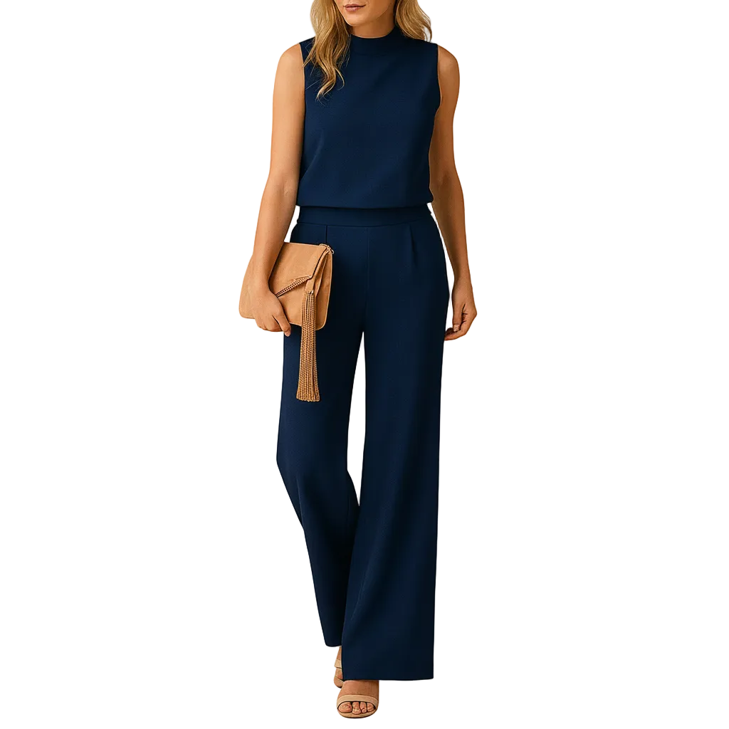 Women’s Minimalist Wide-Leg Jumpsuit – Mid-Waist Round Neck Elegant Outfit