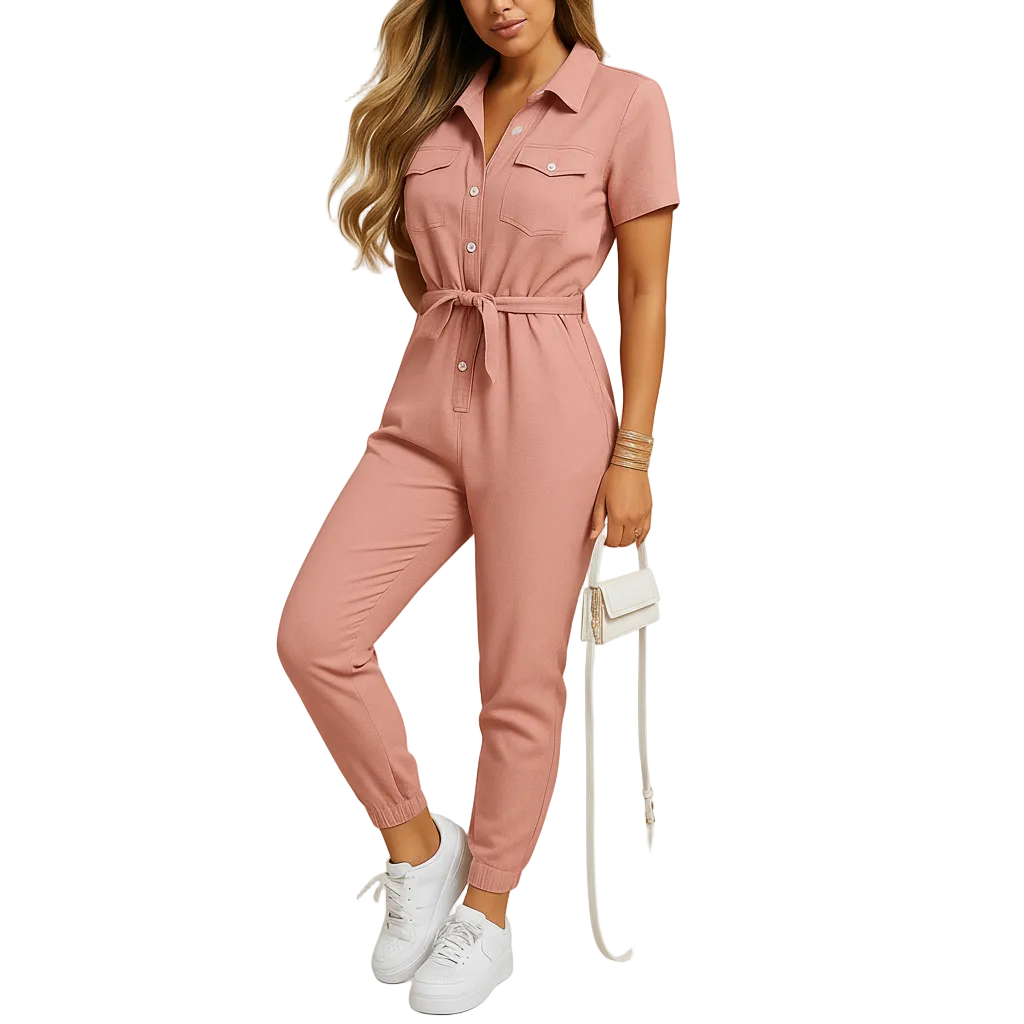 Women’s Structured Button-Front Jumpsuit – Tailored Elegant One-Piece Outfit