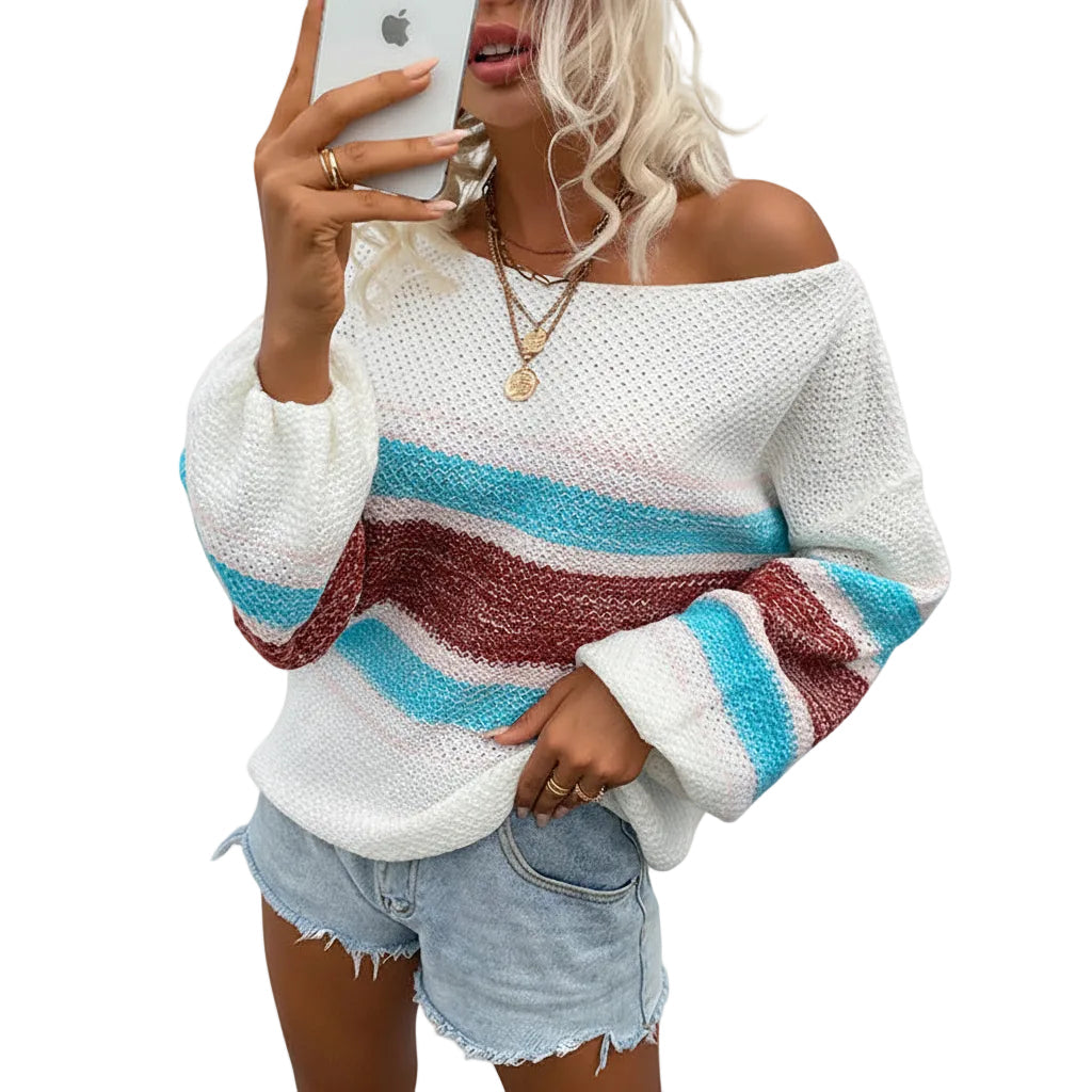 Women’s Off Shoulder Sweater Rainbow Stripe Loose Fit Lantern Sleeve Pullover