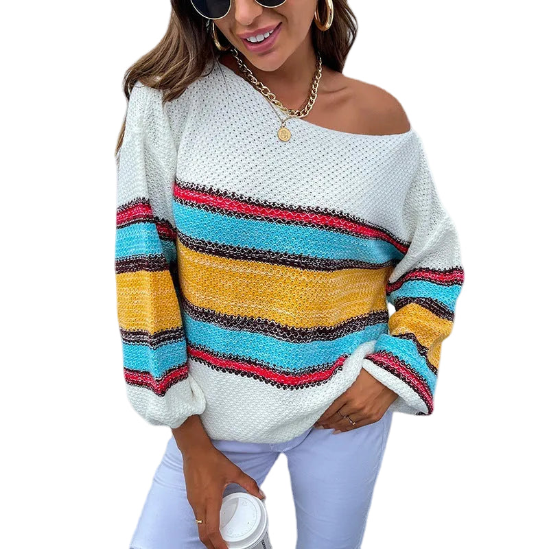 Women’s Off Shoulder Sweater Rainbow Stripe Loose Fit Lantern Sleeve Pullover
