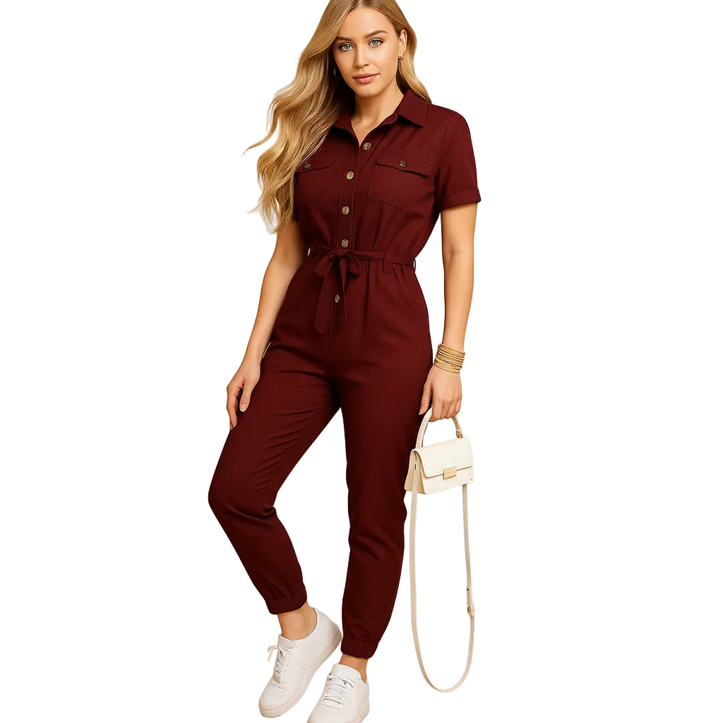 Women’s Structured Button-Front Jumpsuit – Tailored Elegant One-Piece Outfit