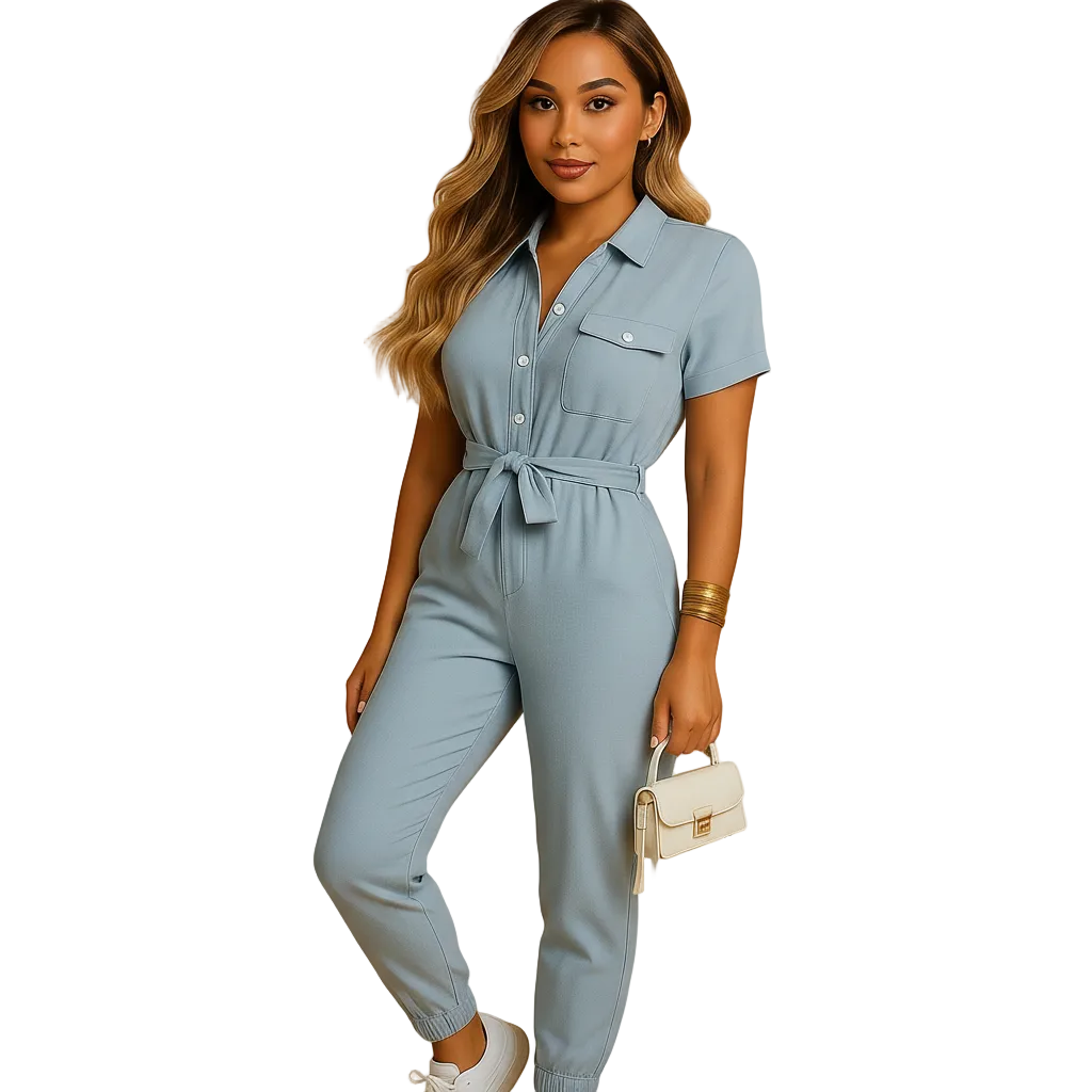 Women’s Structured Button-Front Jumpsuit – Tailored Elegant One-Piece Outfit