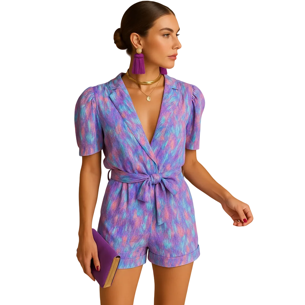 Women’s Summer Printed Short Jumpsuit with Belt – Lightweight Casual Outfit