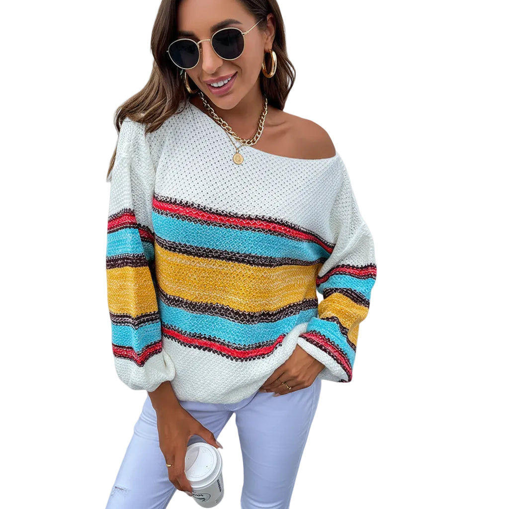 Women’s Off Shoulder Sweater Rainbow Stripe Loose Fit Lantern Sleeve Pullover