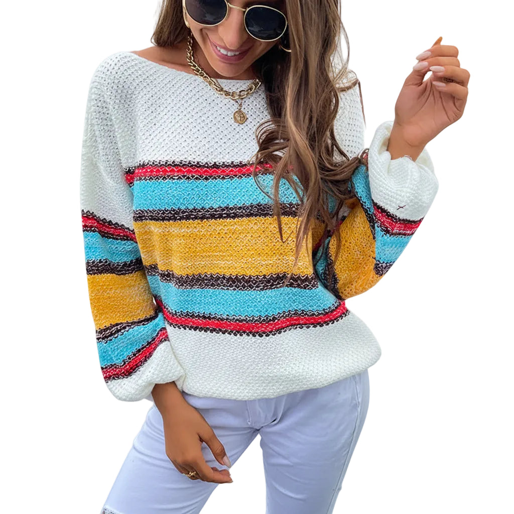 Women’s Off Shoulder Sweater Rainbow Stripe Loose Fit Lantern Sleeve Pullover