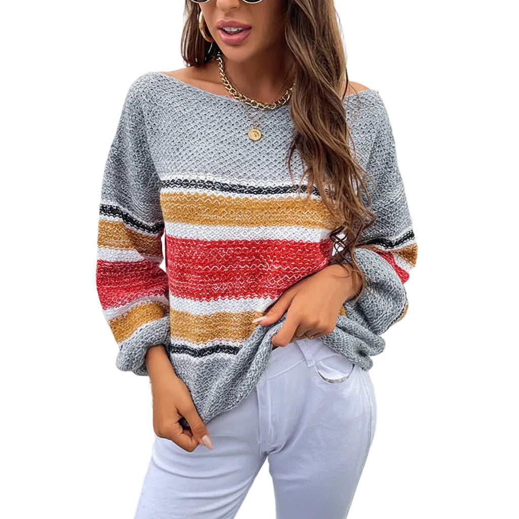 Women’s Off Shoulder Sweater Rainbow Stripe Loose Fit Lantern Sleeve Pullover