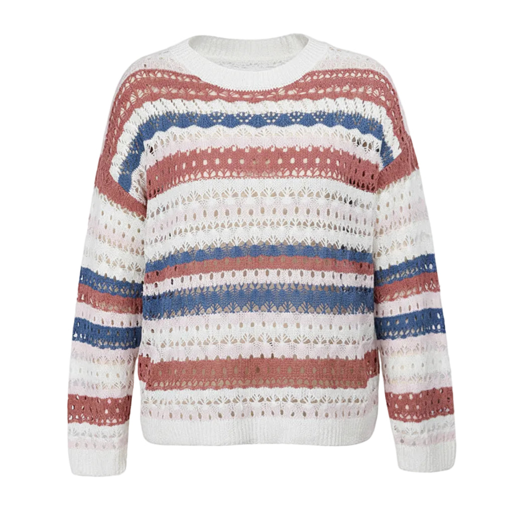 Women’s Hollow Knit Sweater Stripe Stitching Round Neck Loose Fit