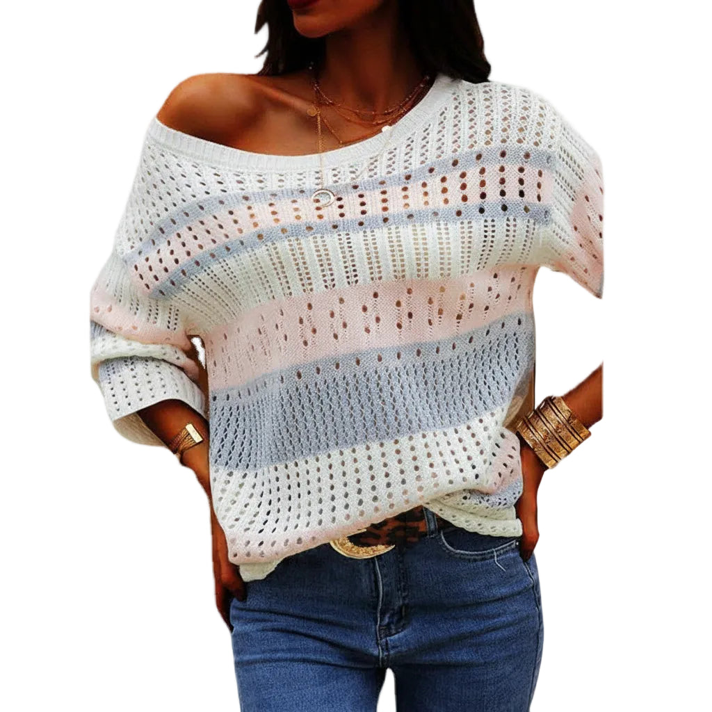 Women’s Loose Sweater Stripe Knit Long Sleeve Round Neck Casual Style