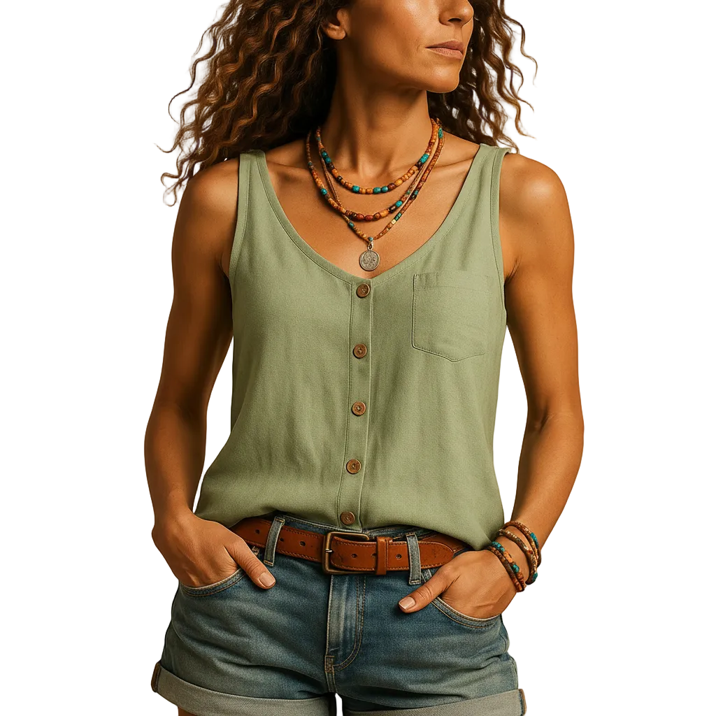 Women’s Sleeveless V-Neck Summer Top with Pockets – Loose Fit Casual Blouse
