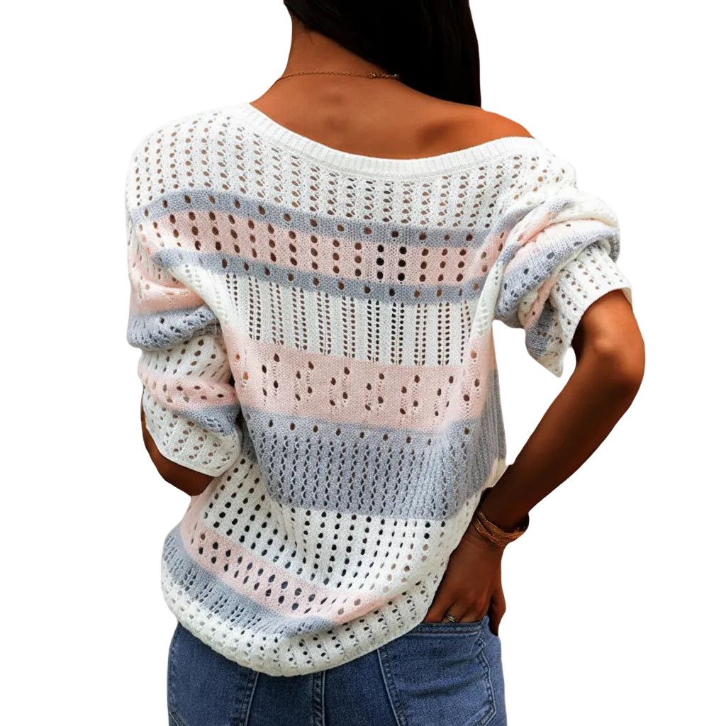 Women’s Loose Sweater Stripe Knit Long Sleeve Round Neck Casual Style