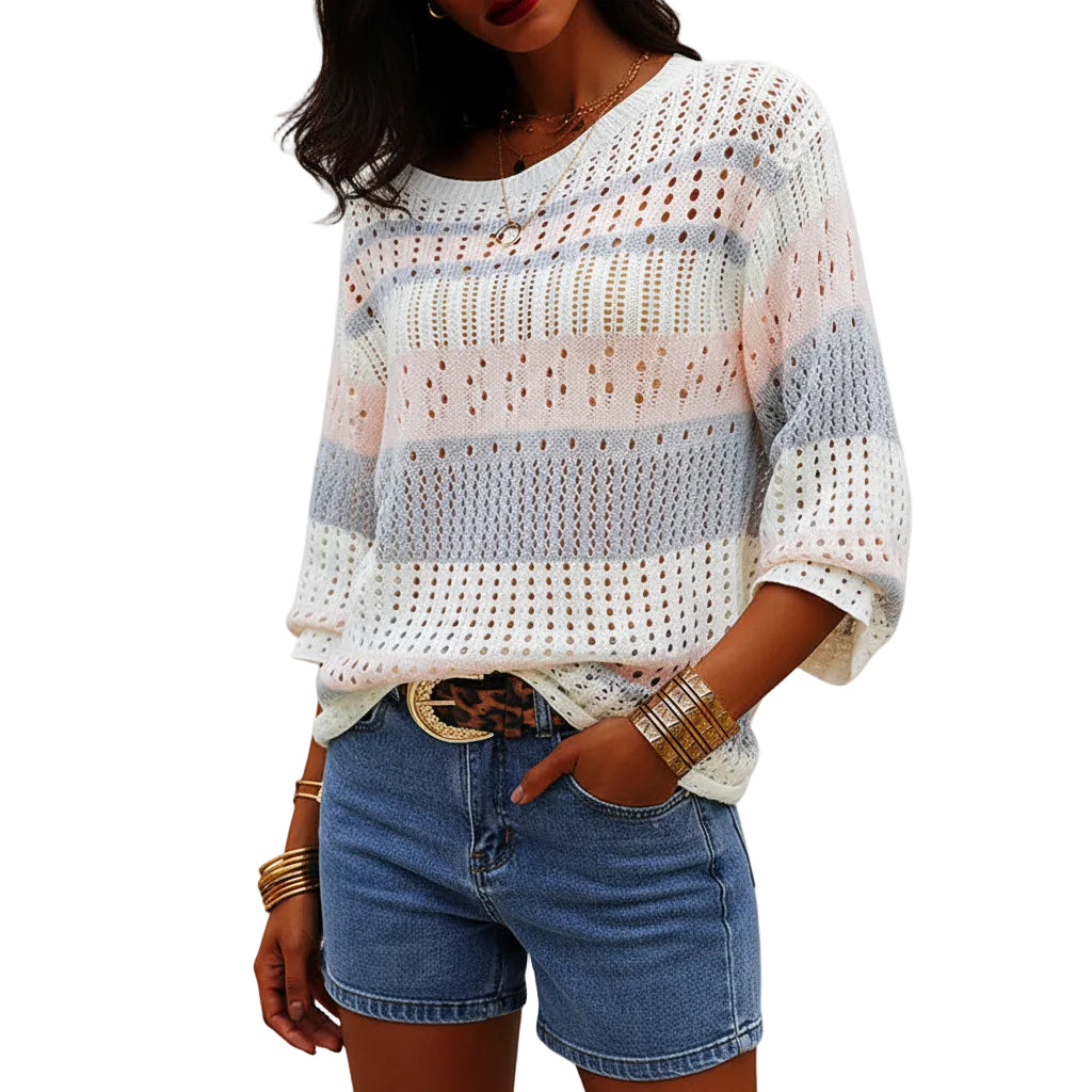 Women’s Loose Sweater Stripe Knit Long Sleeve Round Neck Casual Style