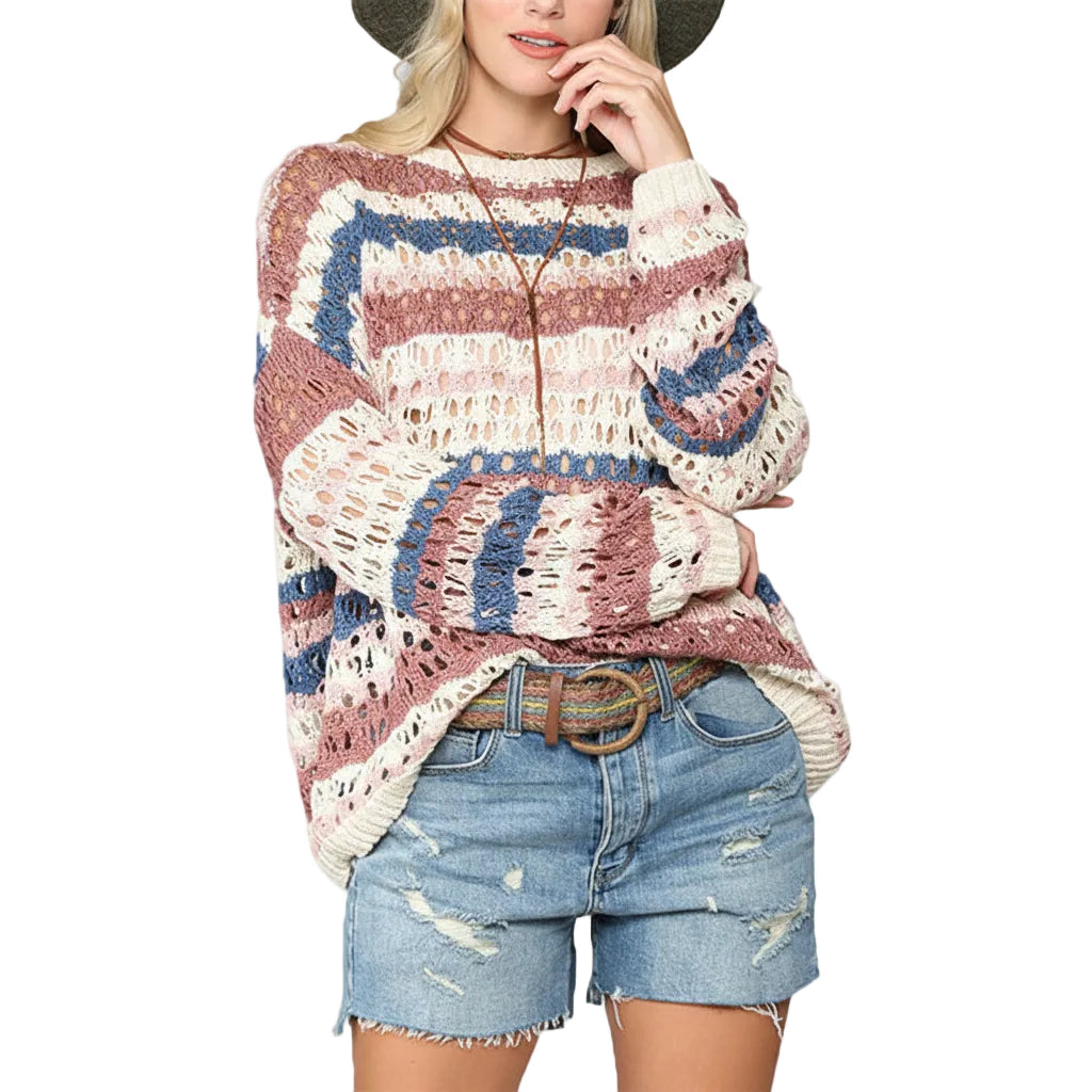Women’s Hollow Knit Sweater Stripe Stitching Round Neck Loose Fit